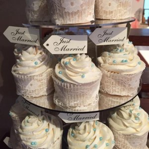 Cupcake tower with just married flags